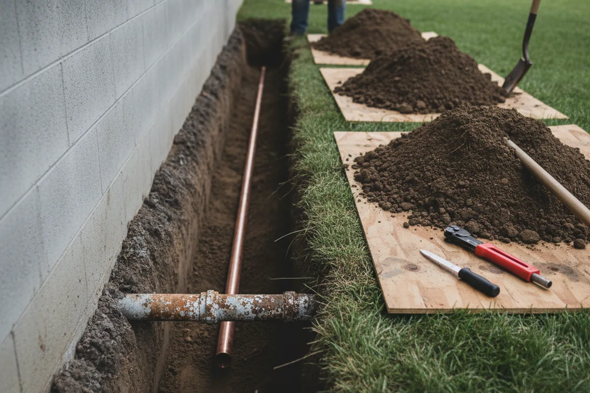 Excavated water line trench during Sewer Line Repair in Dushore